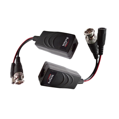 Par de baluns pretos com conectores BNC e jack energia