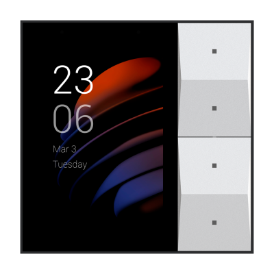 Telemóvel com ecrã digital e três caixas brancas empilhadas