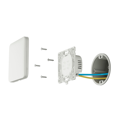 Interruptor de luz branco com tampa, parafusos, base, cabos elétricos e caixa de instalação