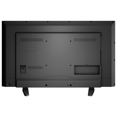Parte traseira de televisor preto com suportes e aberturas para ventilação e conexões