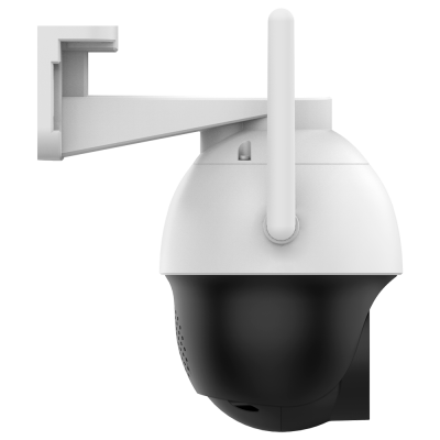 Câmara de segurança exterior branca e preta com antena e suporte de montagem branco