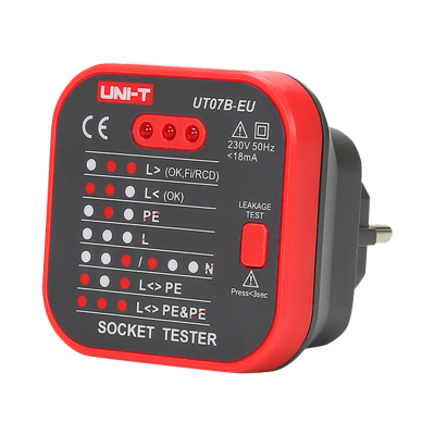 Testador de tomada preto e vermelho UNI-T UT07B-EU com LEDs e botão de teste.
