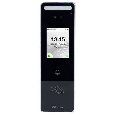 Dispositivo eletrónico ZKTeco preto com visor digital a cores e ícones