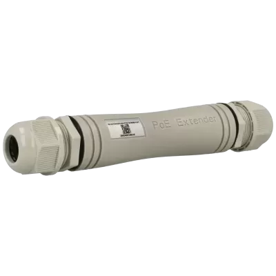 Extensor PoE cinza tubular com etiqueta QR e texto VK-EXTENDER