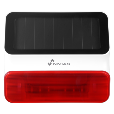 Dispositivo branco com lente vermelha, placa solar preta e texto NIVIAN