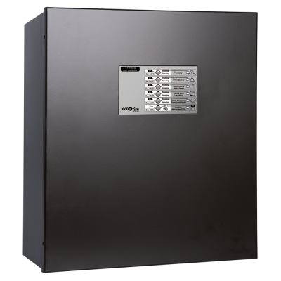 Painel metálico preto com etiqueta de instruções com texto e símbolos