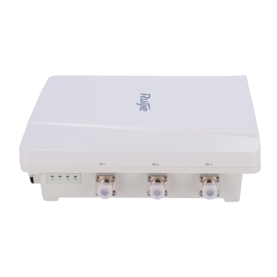 Dispositivo eletrônico branco com três conectores e LEDs, marca Ruijie