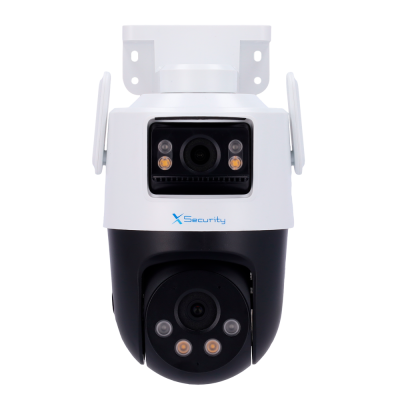 Câmara de segurança XSecurity branca e preta com duas lentes e luzes LED