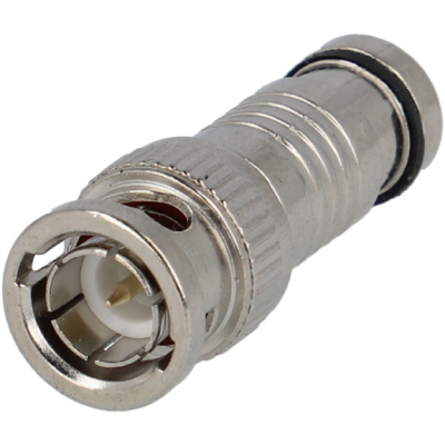 Conector BNC metálico prateado com anel preto