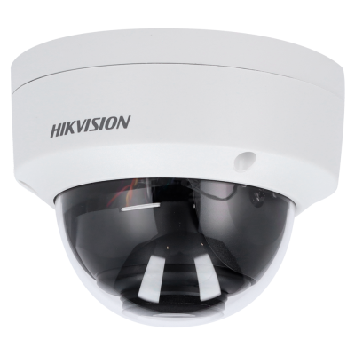 Câmara de segurança Hikvision branca com cúpula preta no teto