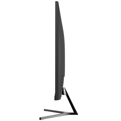 Monitor preto ultrafino visto de perfil com base metálica em V