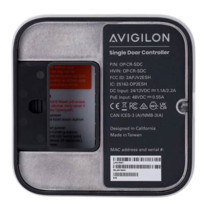 Controlador de porta única AVIGILON com etiqueta preta e detalhes técnicos