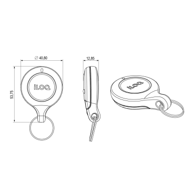 Desenho técnico de porta-chaves redondo com medidas e texto iLOQ