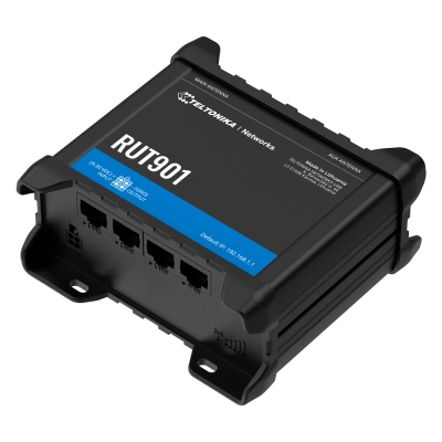 Roteador industrial Teltonika Networks RUT901 preto com quatro portas Ethernet