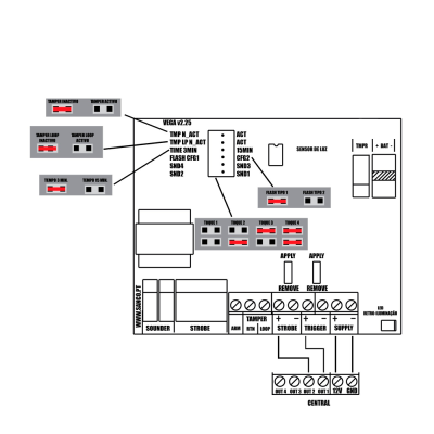 Diagrama esquemático técnico em preto e branco com texto e conexões elétricas
