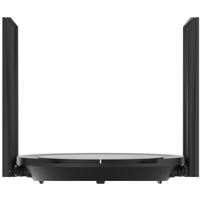 Roteador sem fios preto com antenas verticais duplas e indicador luminoso azul