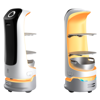 Dois robôs de entrega com prateleiras e luzes LED