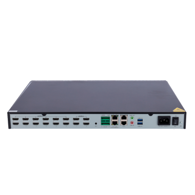 Equipamento eletrónico com múltiplas portas HDMI, USB, Ethernet e áudio