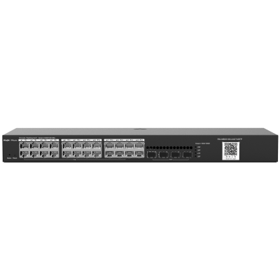Comutador de rede rackmount preto com várias portas Ethernet e SFP