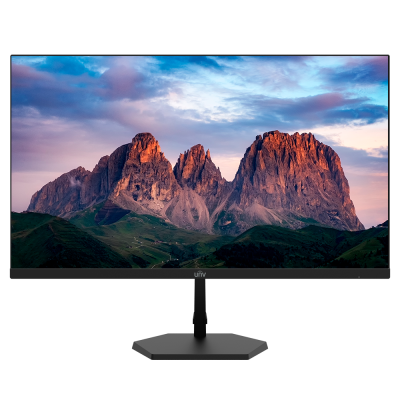 Monitor ultrawide preto com imagem de montanhas ao pôr do sol