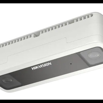 Câmara de segurança branca HIKVISION com duas lentes integradas numa base preta