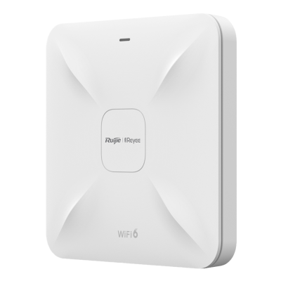 Ponto de acesso WiFi 6 branco Ruijie Reyee com design quadrado e texturas em relevo