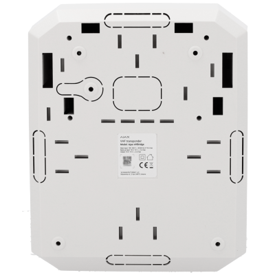 Vista traseira de dispositivo branco quadrado com etiqueta central e várias aberturas