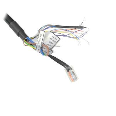 Cabos elétricos coloridos com etiquetas e conetor RJ45 em fundo branco