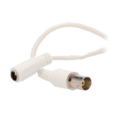 Cabo branco com conectores coaxial BNC e fêmea para alimentação.
