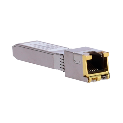 Transceptor óptico metálico com conector dourado em fundo branco