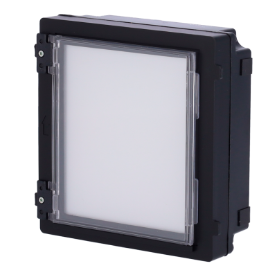 Painel LED quadrado com moldura preta e superfície branca fosca