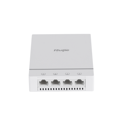 Dispositivo de rede branco com quatro portas Ethernet RJ45 da marca Ruijie