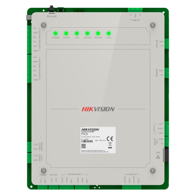 Controlador de acesso Hikvision com LEDs verdes e várias ligações