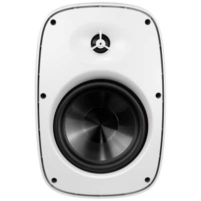 Coluna de som branca com cone do alto-falante preto e tweeter pequeno central