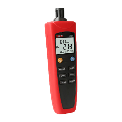 Higrómetro digital portátil vermelho e preto com ecrã e botões