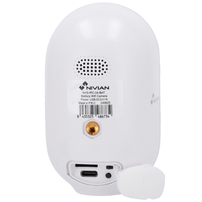 Câmara WiFi com bateria NIVIAN em plástico branco vista de trás com etiqueta e porta USB