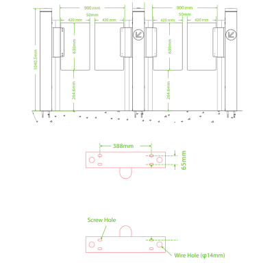 Desenho técnico de torniquetes de acesso com dimensões e detalhes de montagem.