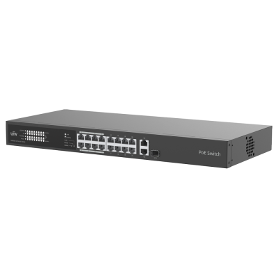 Switch de rede PoE preto com 24 portas Ethernet e LEDs