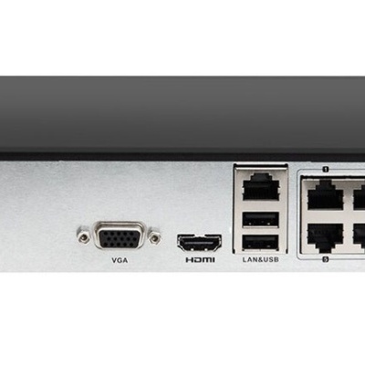 Equipamento de rede preto com várias portas, incluindo HDMI, VGA, USB e RJ45.