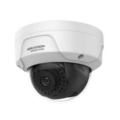 Câmara de segurança dome branca e preta com texto HIKVISION HiWatch Series