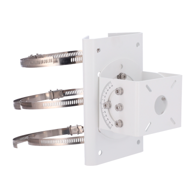 Suporte metálico branco com braçadeiras ajustáveis e escala angular.