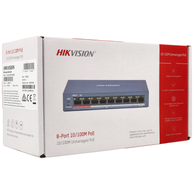 Caixa do switch de rede HIKVISION 8-Port 10/100M PoE branca e vermelha
