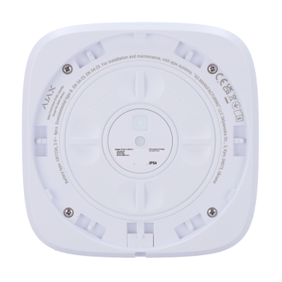 Dispositivo branco redondo com texto de modelo e especificações técnicas