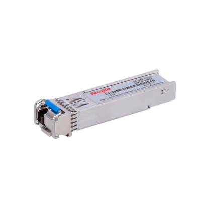 Módulo transceptor óptico Ruijie em metal prateado com detalhe azul