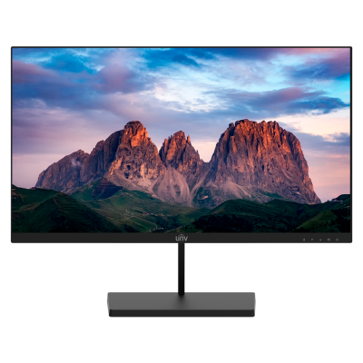 Monitor preto ultrafino com imagem de montanhas e o céu ao pôr do sol