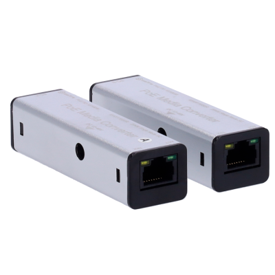 Dois conversores PoE metálicos prateados com porta Ethernet e indicadores luminosos