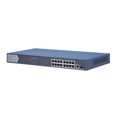 Comutador de rede azul com múltiplas portas Ethernet.