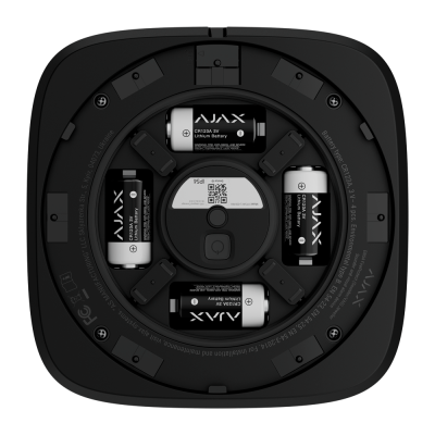 Interior preto de dispositivo quadrado com quatro pilhas CR123A 3V AJAX e código QR central