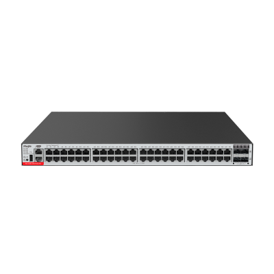 Switch de rede NETGEAR cinzento com 48 portas Ethernet e dois slots SFP