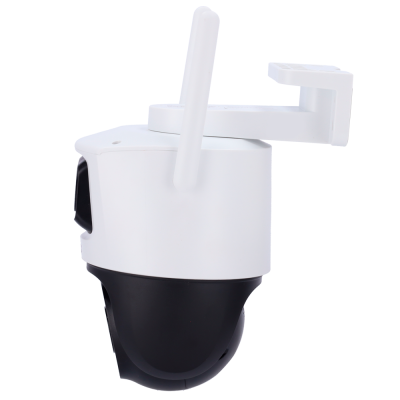 Câmara de segurança de exterior branca e preta com antena em fundo branco